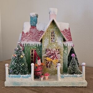 Cody Foster Paper Mache Vintage House Decoration with Elf - Green and Red